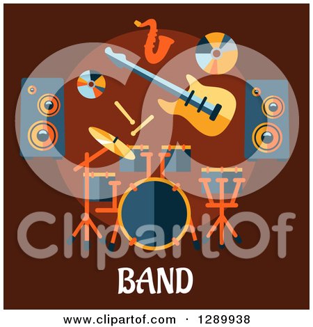 Clipart of a Music Speakers, a Cd, Guitar, Saxophone and Drum Set over Band Text on Brown - Royalty Free Vector Illustration by Vector Tradition SM