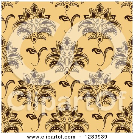 Clipart of a Background Pattern of Seamless Brown Henna Flowers on Beige - Royalty Free Vector Illustration by Vector Tradition SM