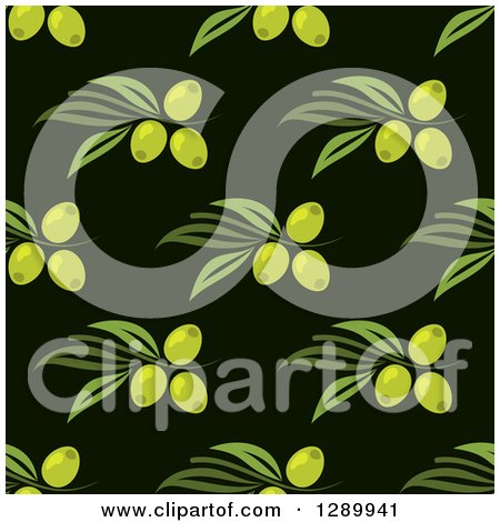 Clipart of a Background Pattern of Seamless Green Olives and Branches on Black - Royalty Free Vector Illustration by Vector Tradition SM