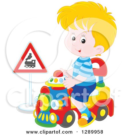 Clipart of a Blond White Boy Playing and Riding a Toy Train - Royalty Free Vector Illustration by Alex Bannykh