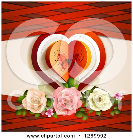 Clipart of a Valentines Day Background of a Butterfly Paper Heart with Roses and Red Lattice - Royalty Free Vector Illustration by merlinul