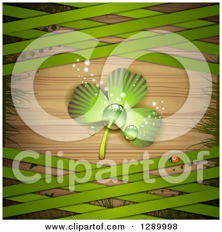 Clipart of a St Patricks Day Background with a Dewy Shamrock, Ladybug, Halftone, Grass and Green Lattice over Wood - Royalty Free Vector Illustration by merlinul