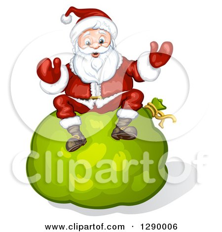 Clipart of a Welcoming Santa Claus Sitting on a Giant Green Christmas Sack - Royalty Free Vector Illustration by merlinul
