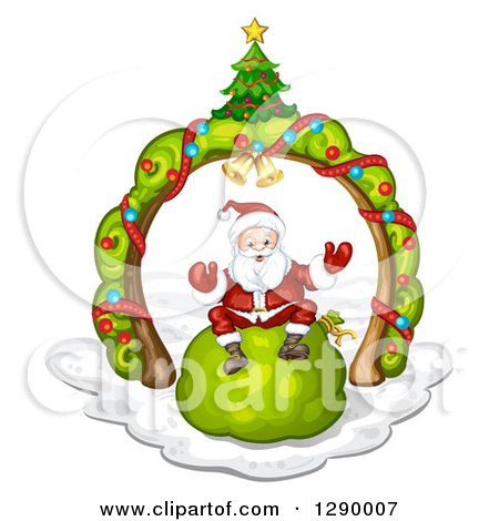 Clipart of a Welcoming Santa Claus Sitting on a Giant Green Christmas Sack Under a Tree Arch - Royalty Free Vector Illustration by merlinul