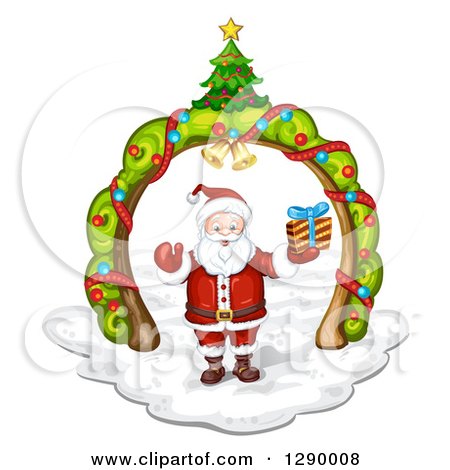 Clipart of a Welcoming Santa Claus Holding a Christmas Gift Under a Tree Arch - Royalty Free Vector Illustration by merlinul