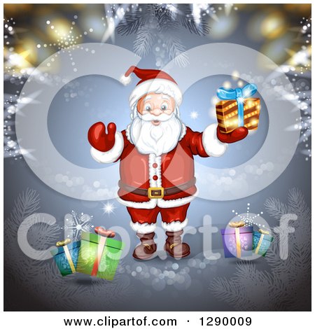 Clipart of a Welcoming Santa Claus Holding a Christmas Gift over Blue with Bokeh and Branches - Royalty Free Vector Illustration by merlinul