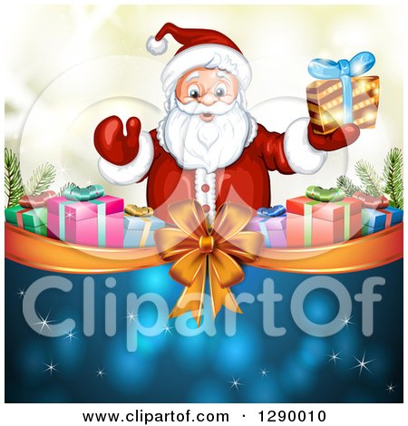 Clipart of a Welcoming Santa Claus Holding a Christmas Gift over a Bow and Ribbon with Presents on Blue and Gold - Royalty Free Vector Illustration by merlinul