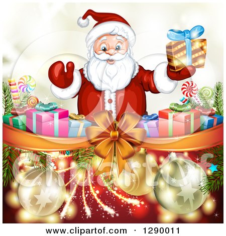 Clipart of a Welcoming Santa Claus Holding a Christmas Gift over a Bow and Ribbon with Presents on Gold and Red| Royalty Free Vector Illustration by merlinul