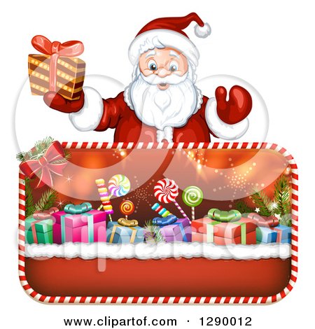 Clipart of a Welcoming Santa Claus Holding a Christmas Gift over Framed Presents - Royalty Free Vector Illustration by merlinul