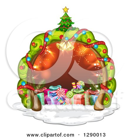 Clipart of a Christmas Tree Frame Around Red with Bells, Candy and Gifts - Royalty Free Vector Illustration by merlinul