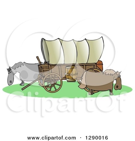 Clipart of an Oregon Trail Covered Wagon with Horses Grazing Around It - Royalty Free Illustration by djart