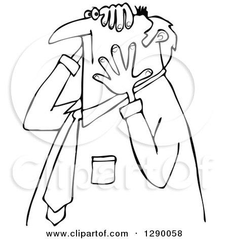 Clipart of a Worried Chubby Senior Black and White Businessman Grabbing His Head and Face - Royalty Free Vector Illustration by djart
