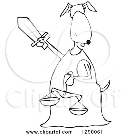 Clipart of a Blindfolded Black and White Lady Justice Dog Holding a Sword and Scales - Royalty Free Vector Illustration by djart