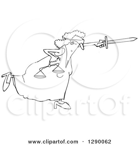 Clipart of a Black and White Fighting Blindfolded Lady Justice Lunging Forward with Scales and Pointing a Sword - Royalty Free Vector Illustration by djart
