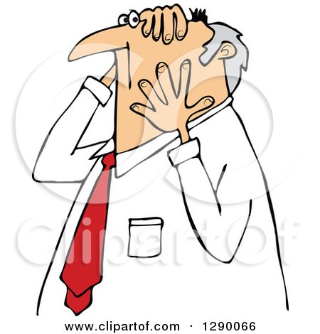 Clipart of a Worried Chubby Senior Caucasian Businessman Grabbing His Head and Face - Royalty Free Vector Illustration by djart