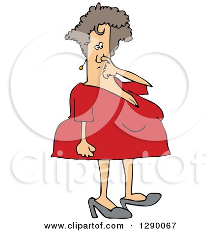 Clipart of a Chubby White Woman in a Red Dress, Picking Her Nose - Royalty Free Vector Illustration by djart