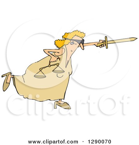 Clipart of a Fighting Blindfolded Lady Justice Lunging Forward with Scales and Pointing a Sword - Royalty Free Vector Illustration by djart