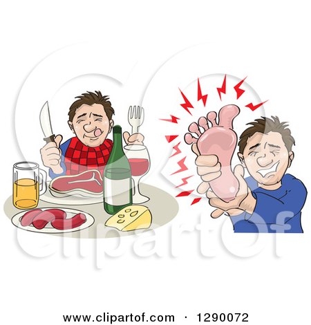 Clipart of a Caucasian Man Shown Eating a Big Meal and Then Suffering from Gout - Royalty Free Vector Illustration by David Rey