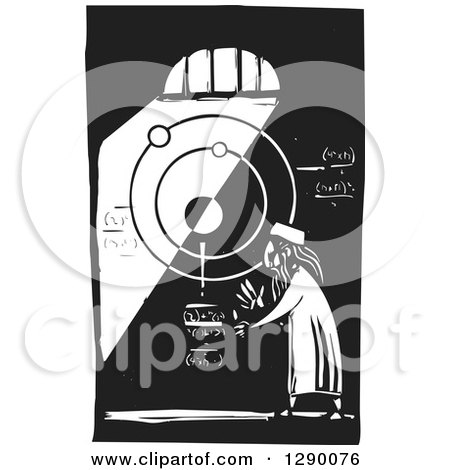 Clipart of a Black and White Woodcut Male Islamic Astronomer Solving Math Equations in a Dark Room - Royalty Free Vector Illustration by xunantunich