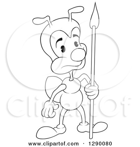 Clipart of a Black and White Cartoon Guard Ant with a Spear - Royalty Free Vector Illustration by dero
