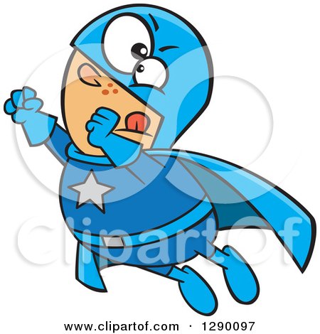 Cartoon Clipart of a Chunky Caucasian Male Super Hero Flying - Royalty Free Vector Illustration by toonaday