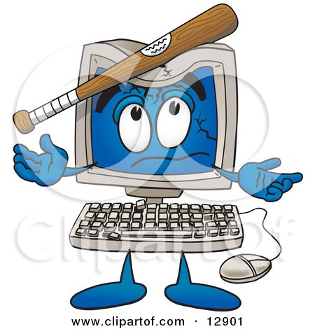 Clipart Picture of a Desktop Computer Mascot Cartoon Character With a Baseball Bat Crashing its Screen by Mascot Junction