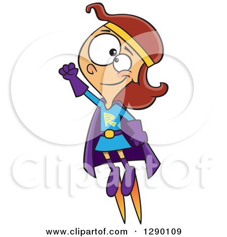 Cartoon Clipart of a Caucasian Super Hero Rocket Girl Flying - Royalty Free Vector Illustration by toonaday
