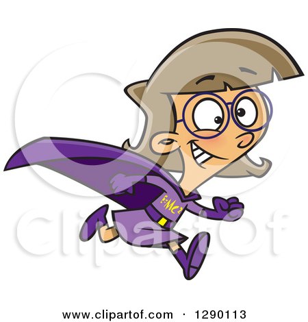 Cartoon Clipart of a Caucasian Super Hero Smart Girl Running - Royalty Free Vector Illustration by toonaday