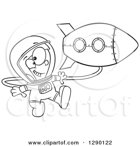 Cartoon Clipart of a Black and White Excited Astronaut Boy Floating by a Rocket in Outer Space - Royalty Free Vector Line Art Illustration by toonaday