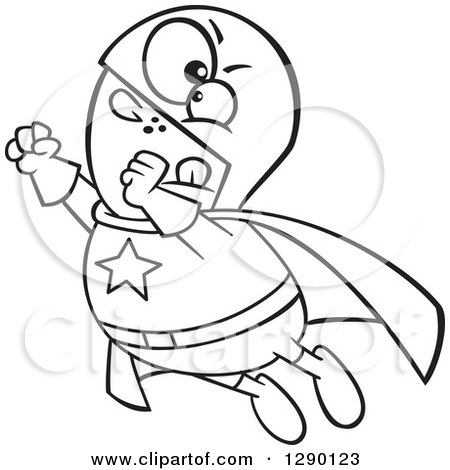 Cartoon Clipart of a Black and White Chunky Male Super Hero Flying - Royalty Free Line Art Vector Illustration by toonaday