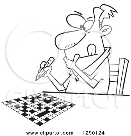 Cartoon Clipart of a Black and White Focused Man Working on a Crossword Puzzle - Royalty Free Vector Line Art Illustration by toonaday