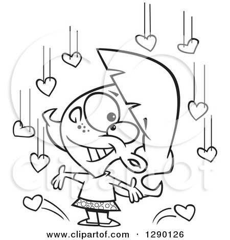 Cartoon Clipart of a Black and White Happy Girl Under Raining Hearts - Royalty Free Vector Line Art Illustration by toonaday