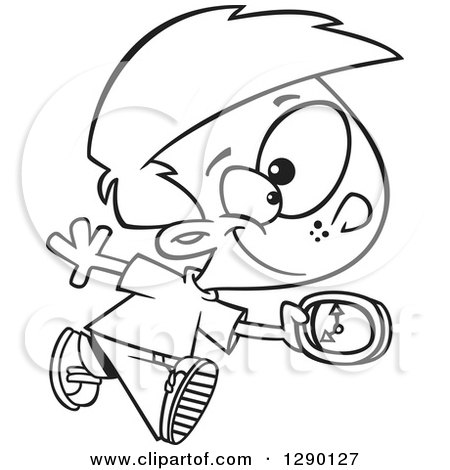 Cartoon Clipart of a Black and White Happy on Time Boy Running with a Clock - Royalty Free Vector Line Art Illustration by toonaday