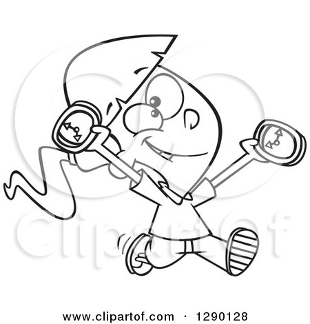 Cartoon Clipart of a Black and White Happy on Time Girl Running with Clocks - Royalty Free Vector Line Art Illustration by toonaday