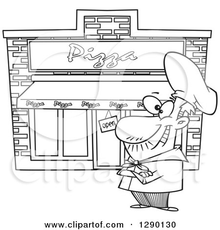 Cartoon Clipart of a Black and White Proud Male Pizza Restaurant Chef - Royalty Free Vector Line Art Illustration by toonaday