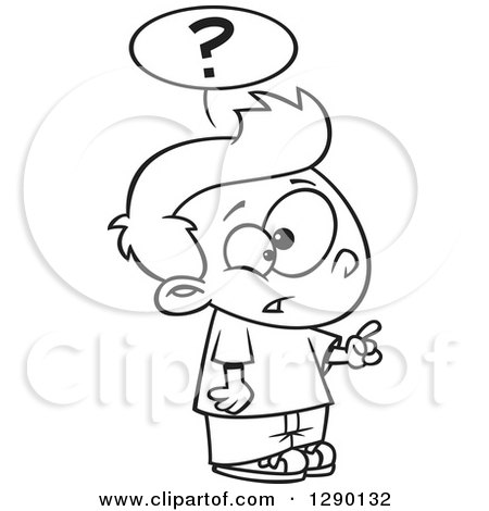 Cartoon Clipart of a Black and White Inquisitive Boy Asking a Question - Royalty Free Vector Line Art Illustration by toonaday