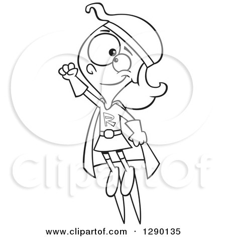 Cartoon Clipart of a Black and White Super Hero Rocket Girl Flying - Royalty Free Vector Line Art Illustration by toonaday