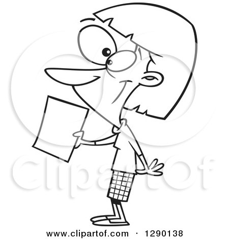 Cartoon Clipart of a Black and White Happy Woman Submitting an Application or Article - Royalty Free Vector Line Art Illustration by toonaday