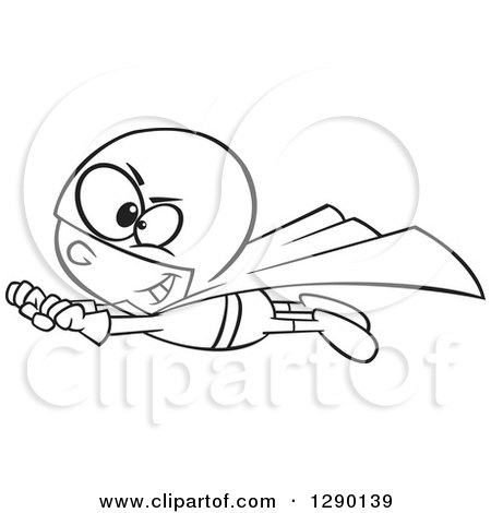 Cartoon Clipart of a Black and White Super Hero Boy in Flight - Royalty Free Vector Line Art Illustration by toonaday