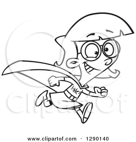 Cartoon Clipart of a Black and White Super Hero Smart Girl Running - Royalty Free Vector Line Art Illustration by toonaday