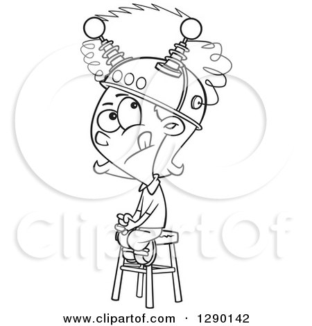 Cartoon Clipart of a Black and White Girl Sitting on a Stool with a Thinking Cap on - Royalty Free Vector Line Art Illustration by toonaday