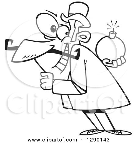 Cartoon Clipart of a Black and White Villainous Man Holding a Bomb Behind His Back - Royalty Free Vector Line Art Illustration by toonaday