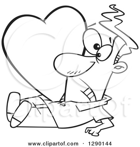 Cartoon Clipart of a Black and White Valentine Heart Crushing a Man - Royalty Free Vector Line Art Illustration by toonaday
