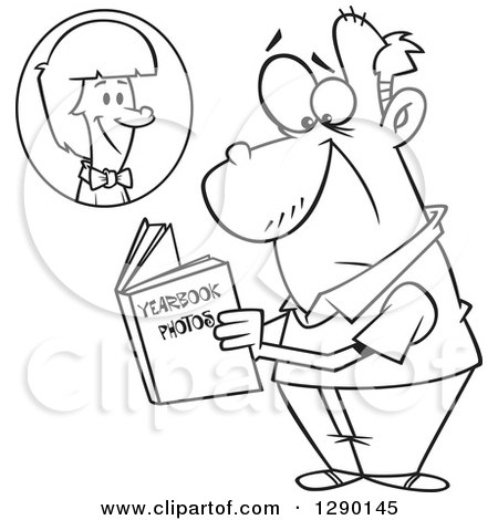 Cartoon Clipart of a Black and White Sad Senior Man Viewing His Portrait in His High School Yearbook - Royalty Free Vector Line Art Illustration by toonaday