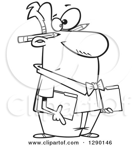 Cartoon Clipart of a Black and White Male Accountant Holding Folders, with Pencils Behind His Ears - Royalty Free Vector Line Art Illustration by toonaday