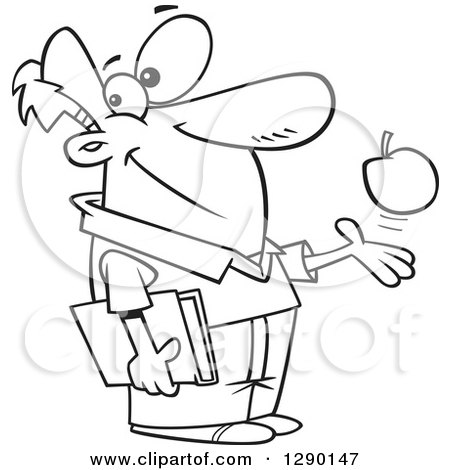 Cartoon Clipart of a Black and White Happy Male Teacher Playing with an Apple and Holding a Book - Royalty Free Line Art Vector Illustration by toonaday