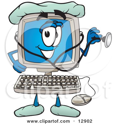 Clipart Picture of a Desktop Computer Mascot Cartoon Character Doctor Holding a Stethoscope by Mascot Junction