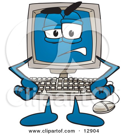 Clipart Picture of a Frustrated Desktop Computer Mascot Cartoon Character by Mascot Junction