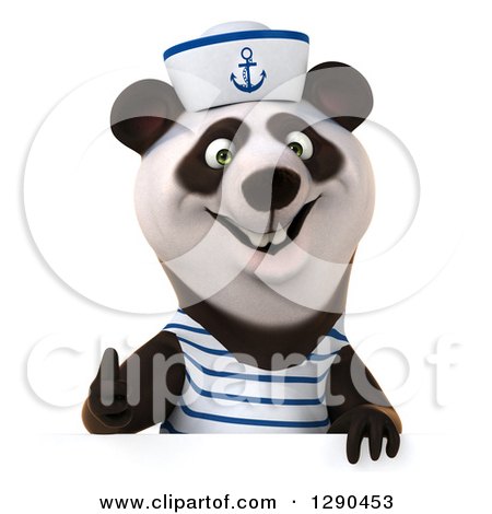Clipart of a 3d Panda Sailor Holding a Thumb up over a Sign - Royalty Free Illustration by Julos