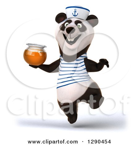 Clipart of a 3d Panda Sailor Jumping and Holding a Honey Jar - Royalty Free Illustration by Julos